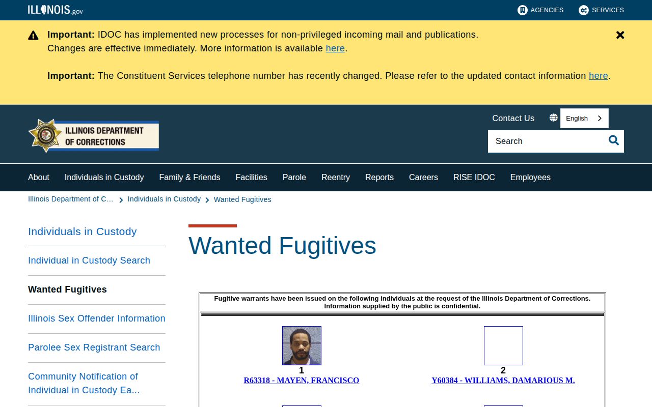 Illinois Department of Corrections wanted fugitives interface for Henry County readers